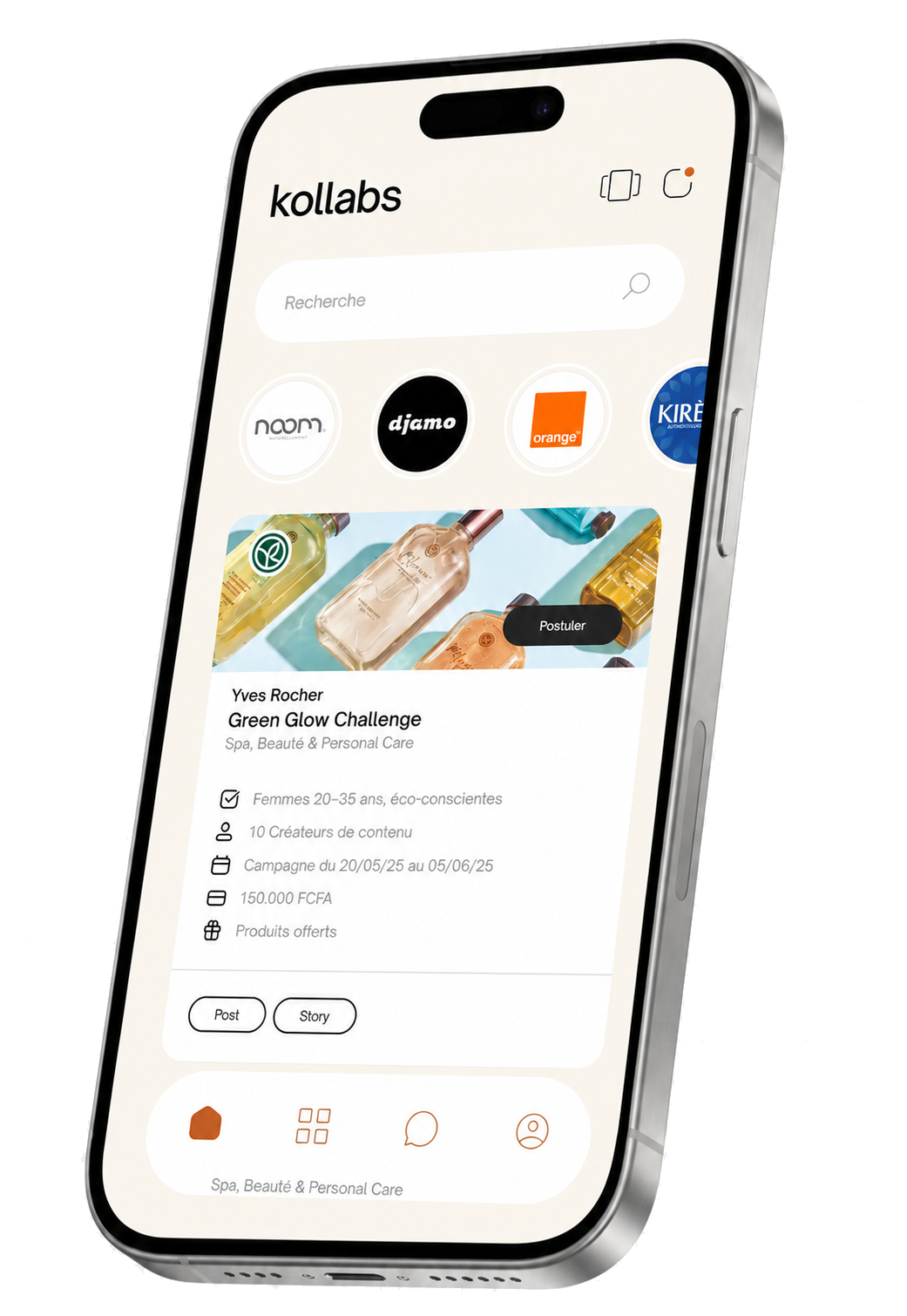 Téléphone Kollabs affichant les campagnes disponibles.
