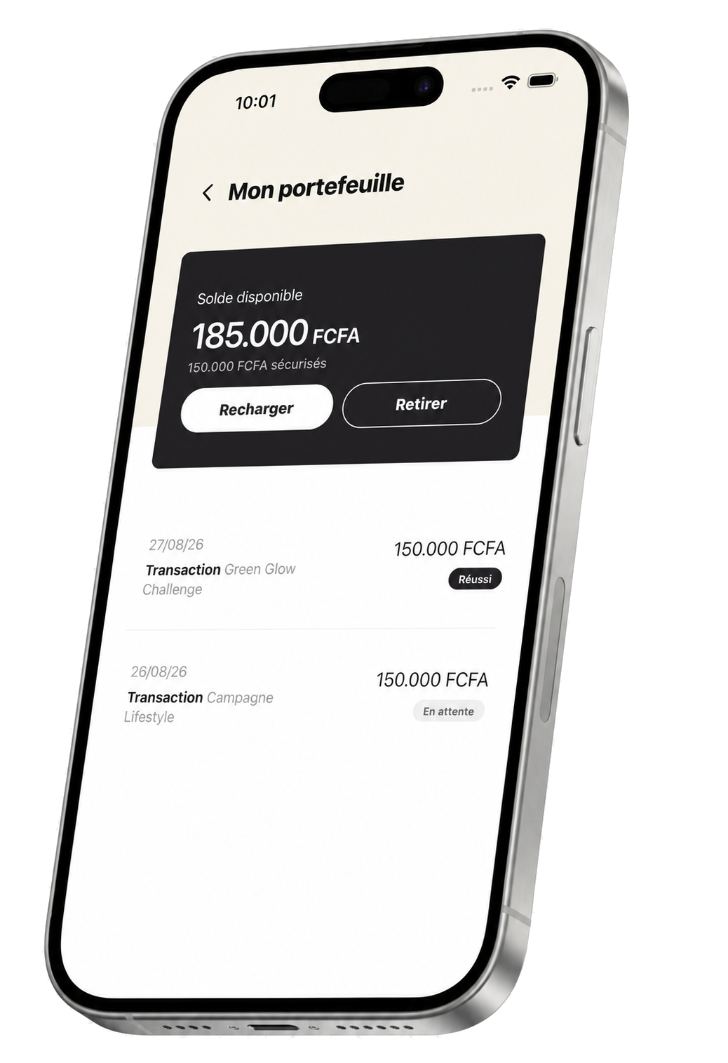 Téléphone Kollabs affichant le portefeuille et le suivi des paiements.