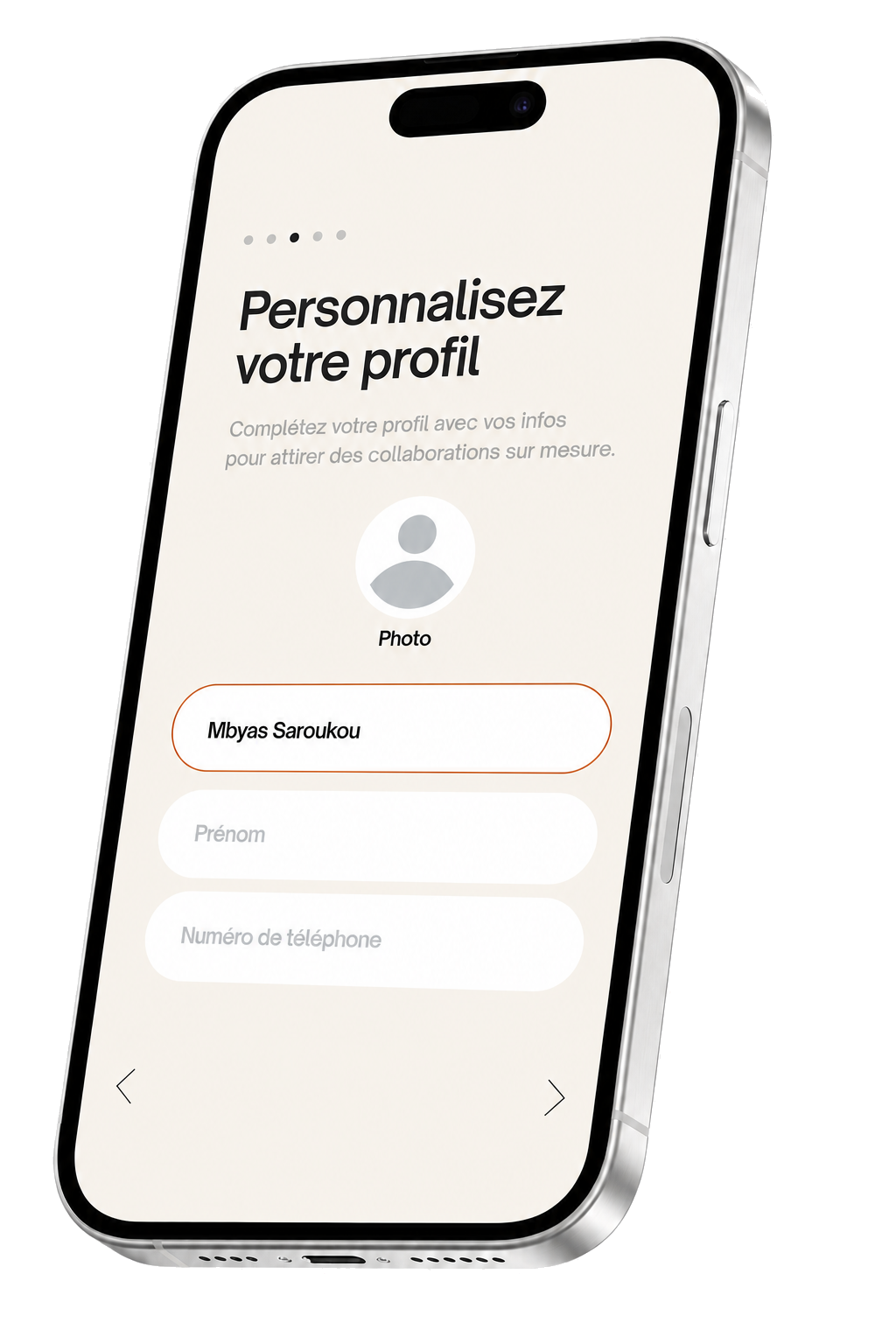 Téléphone Kollabs affichant la personnalisation du profil créateur.